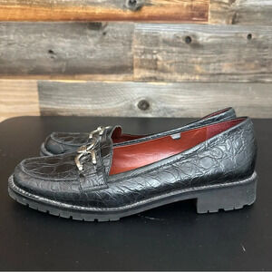 Talbots Women's Loafer Size 9 AA Slip On Flats Black Croc Buckle Strap Leather